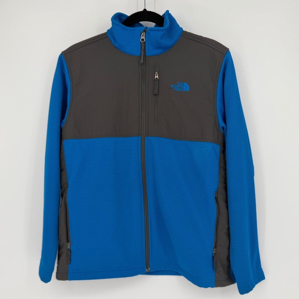 The North Face Blue Gray Waffle Knit Full Zip Jacket Women M Overlay Mock Neck